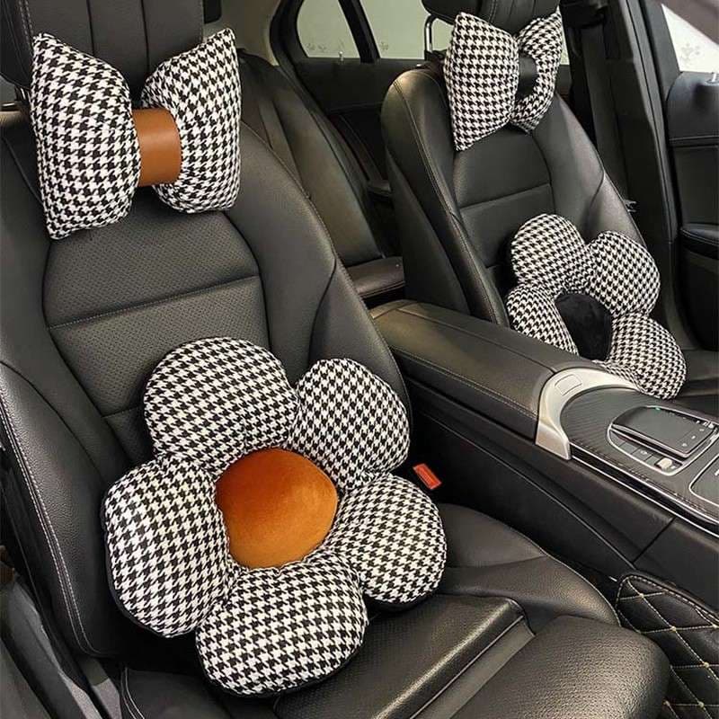 クッション 花型千鳥格子カーシートクッションセット